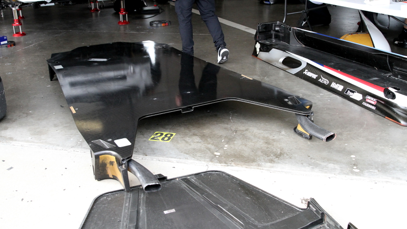 Parts from under the car. Note the channels to send air under the floor as well as the ducts near the back that cool the brakes. Air comes in through a scoop on the back of the M8 GTE’s roof and feeds into those brake cooling ducts.